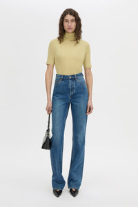 Front-styled view CAMILLA AND MARC Dakota slim fit lemongrass top with ribbed turtle neck.