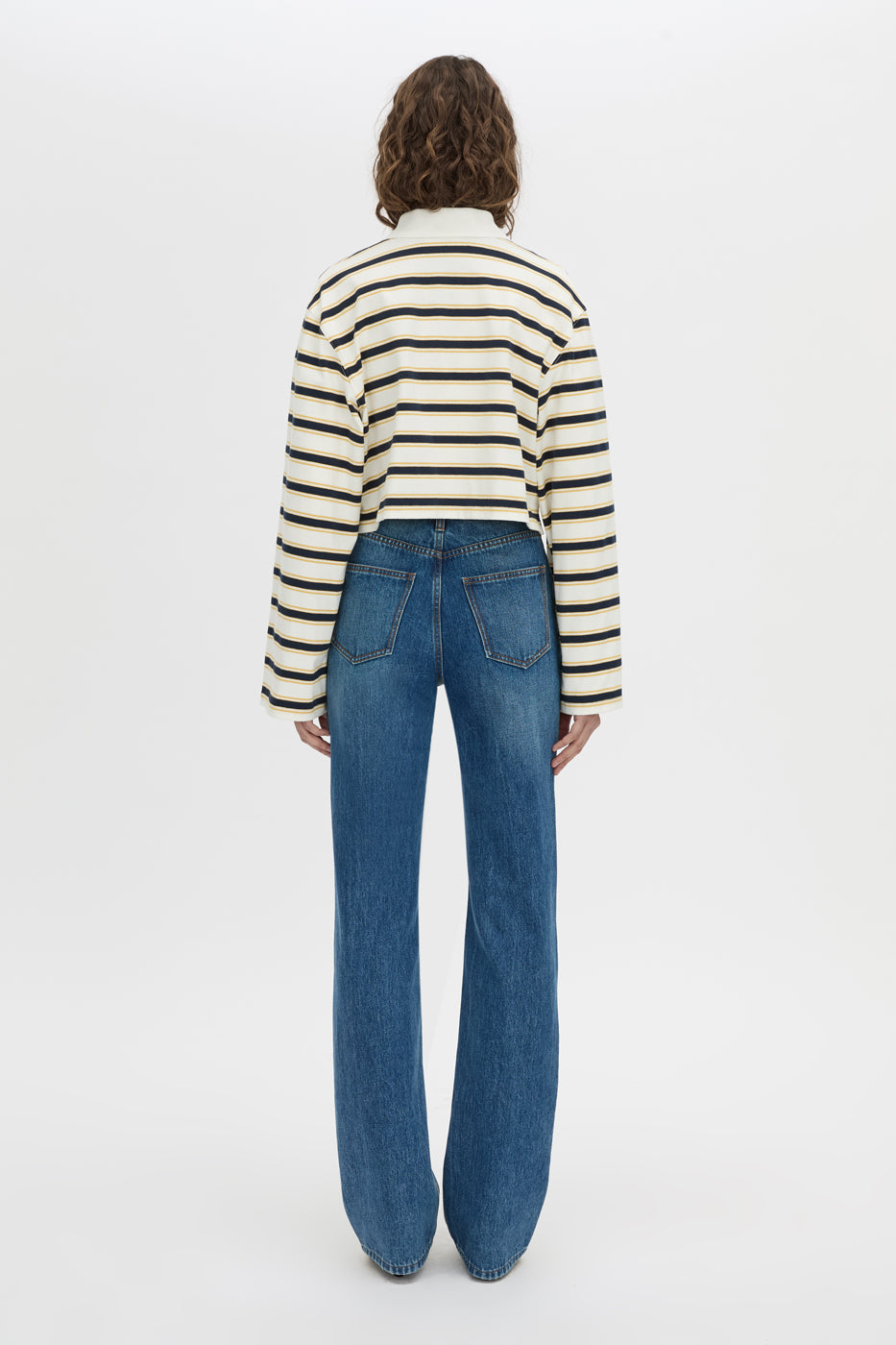 Back view CAMILLA AND MARC Liat stripe crop polo top in soft white stripe.