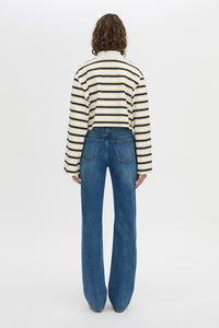 Back view CAMILLA AND MARC Liat stripe crop polo top in soft white stripe.