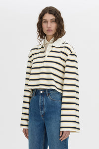 Cropped view CAMILLA AND MARC Liat stripe crop polo top in soft white stripe.