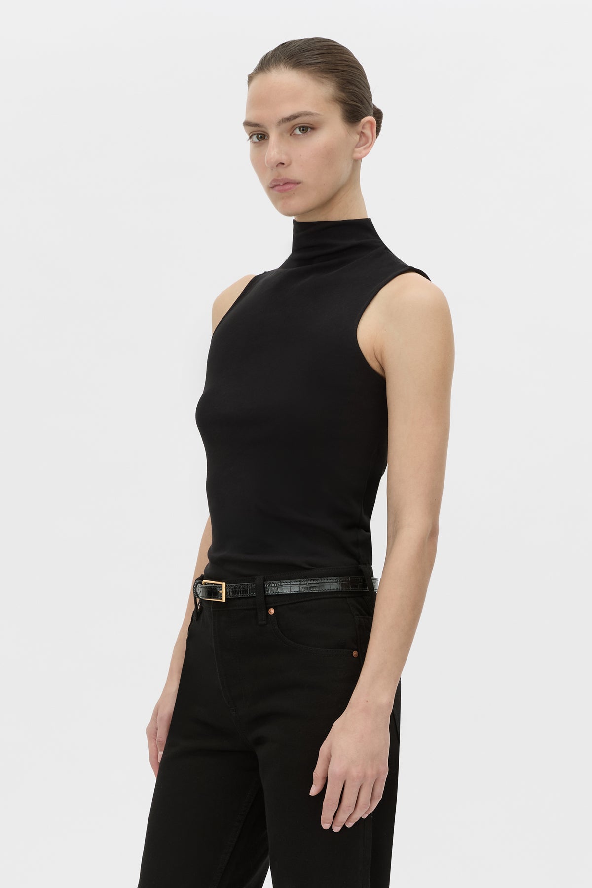 Cropped view CAMILLA AND MARC fitted Dakota Sleeveless High Neck Top in black.
