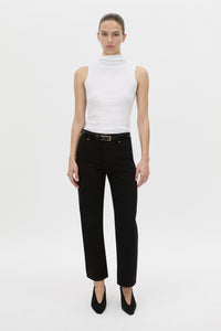 Front-styled view CAMILLA AND MARC fitted Dakota Sleeveless High Neck Top in soft white.