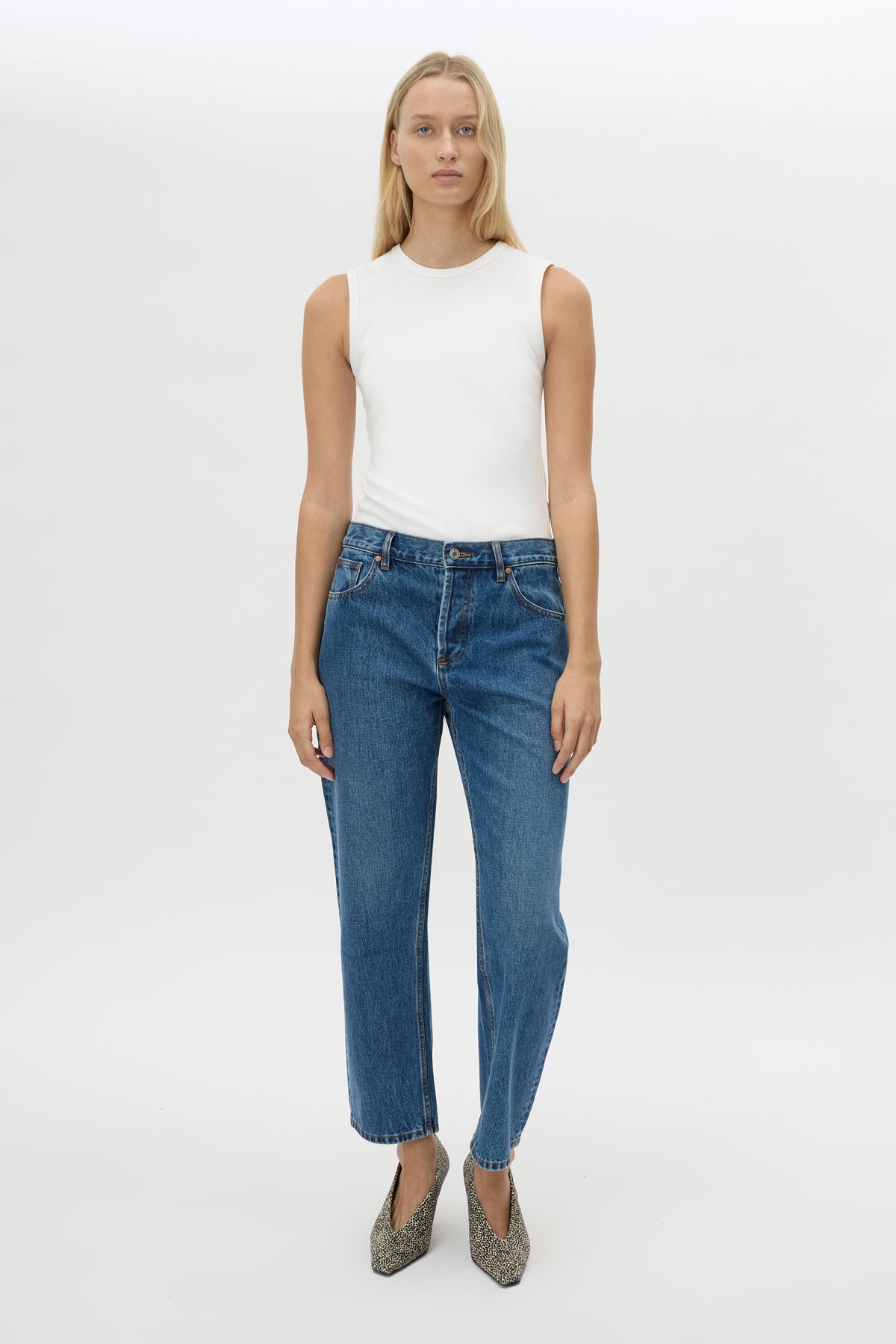 Front styled view CAMILLA AND MARC Daria Denim Jean in Dark Classic Blue with a straight‑leg fit and classic pocket detailing.