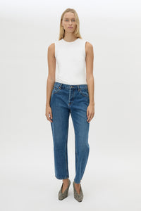 Front styled view CAMILLA AND MARC Daria Denim Jean in Dark Classic Blue with a straight‑leg fit and classic pocket detailing.