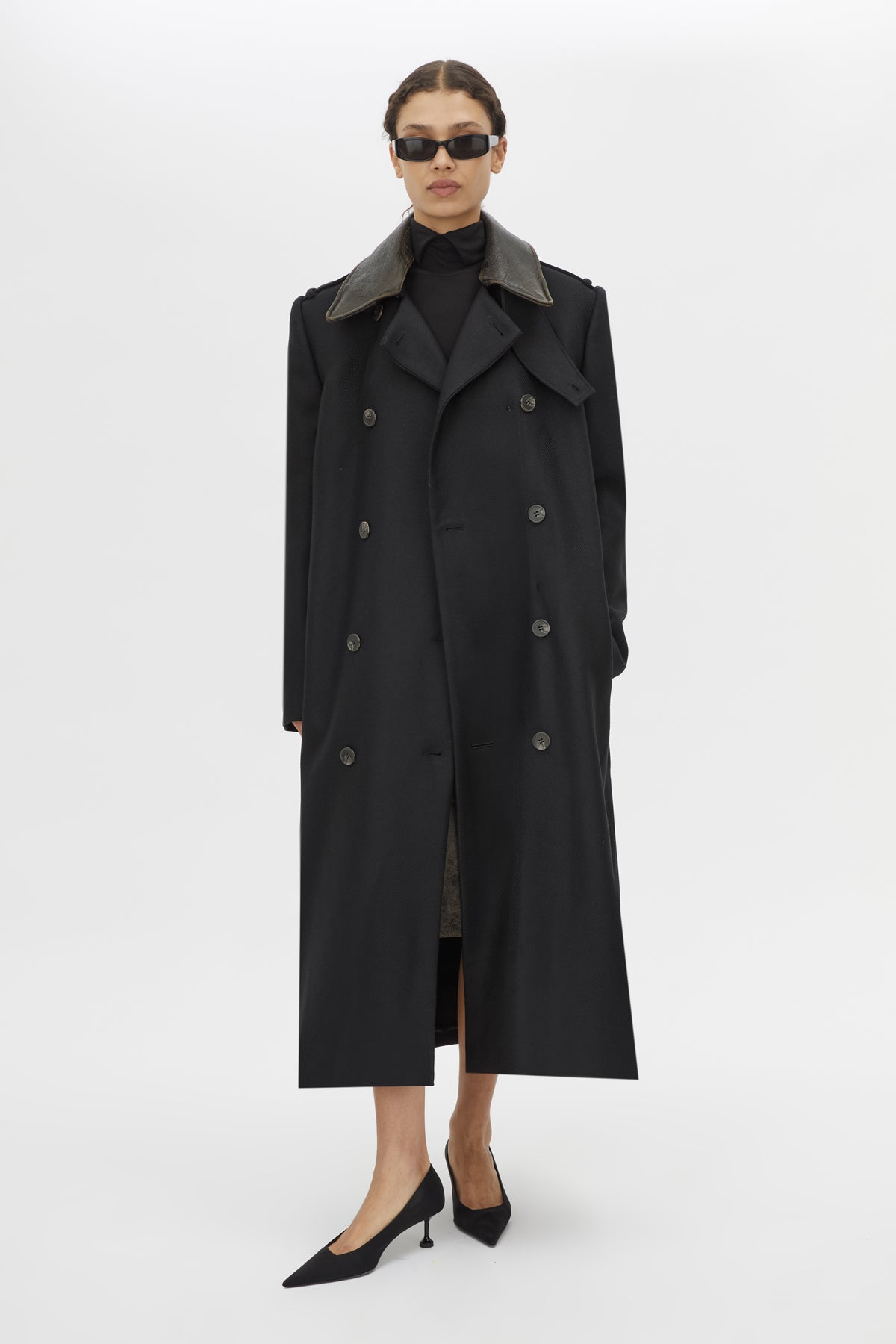 Front view CAMILLA AND MARC Dawn Leather Skirt in Black Brown styled with the Ryder Coat.