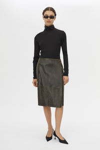 Front view CAMILLA AND MARC Dawn Leather Skirt in Black Brown with a wrap midi silhouette.