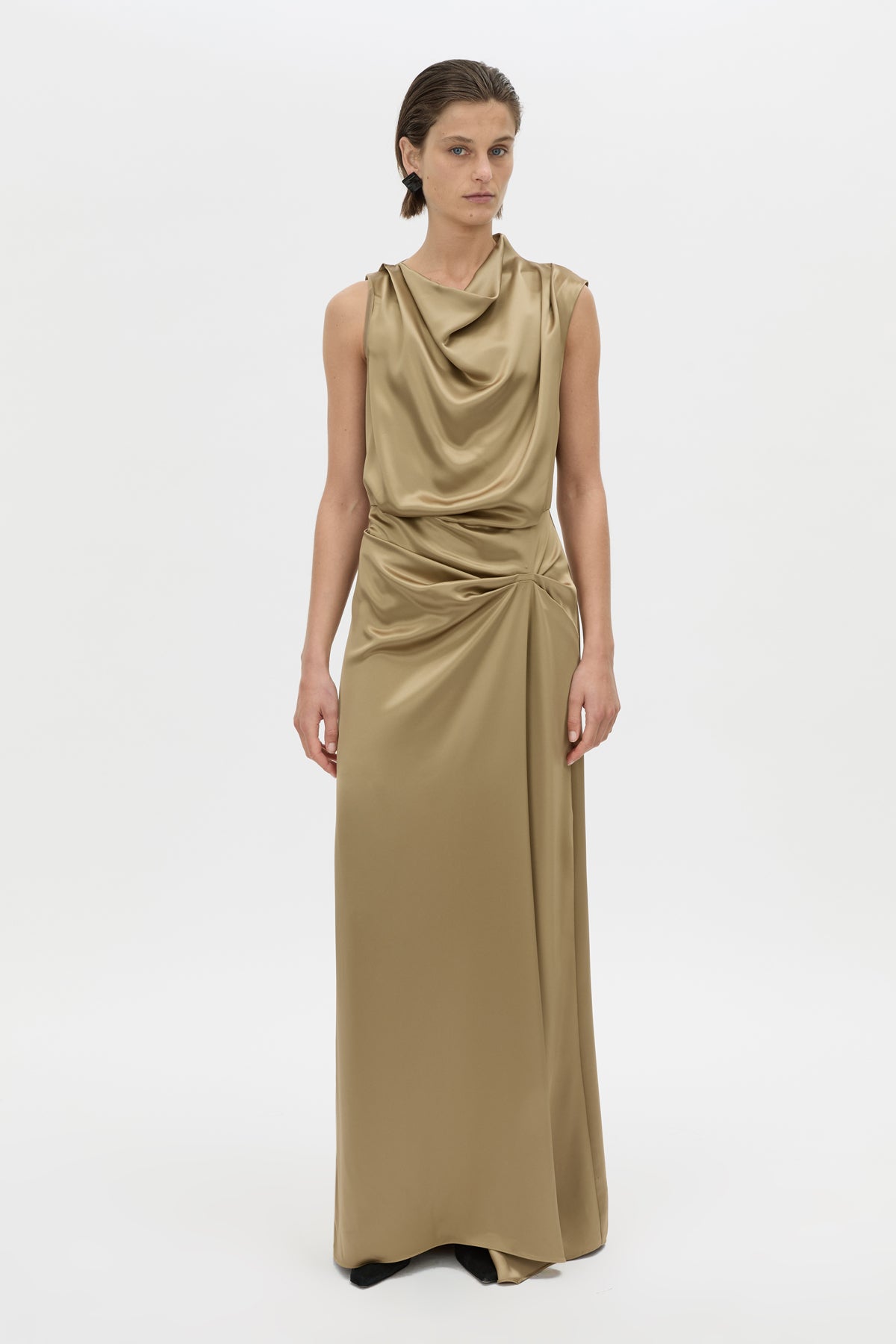 Front-styled view CAMILLA AND MARC Delara draped maxi dress in moss green.