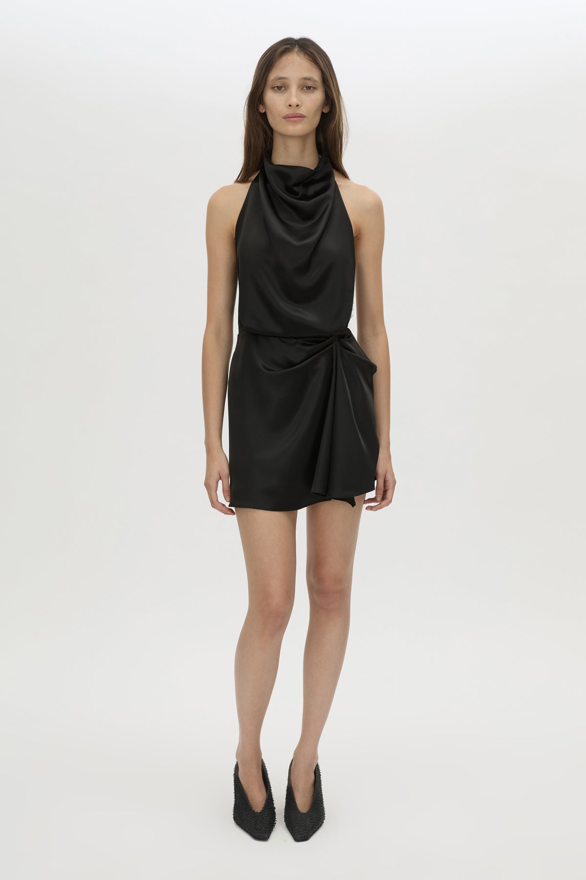 Front view CAMILLA AND MARC Delara draped mini dress in black.