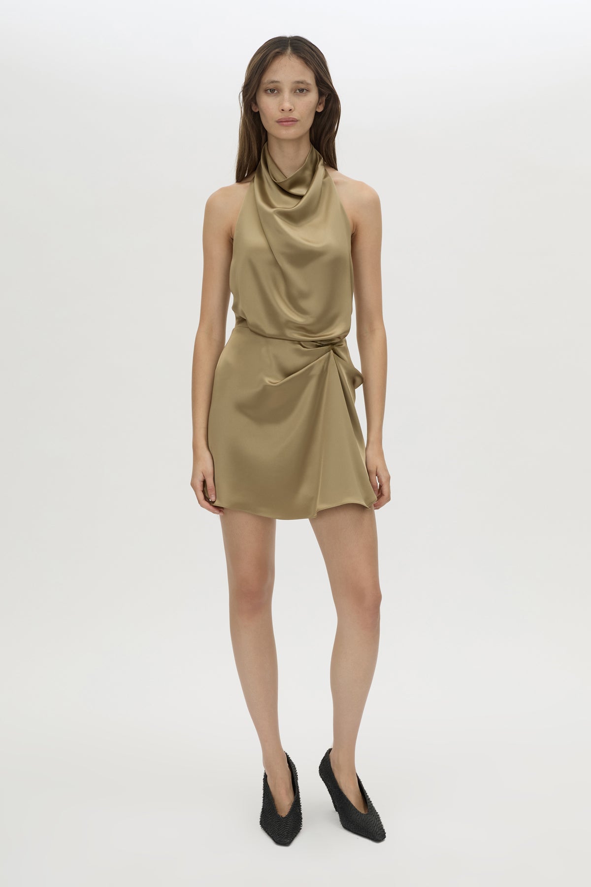 Front-styled view CAMILLA AND MARC Delara draped mini dress in moss green.