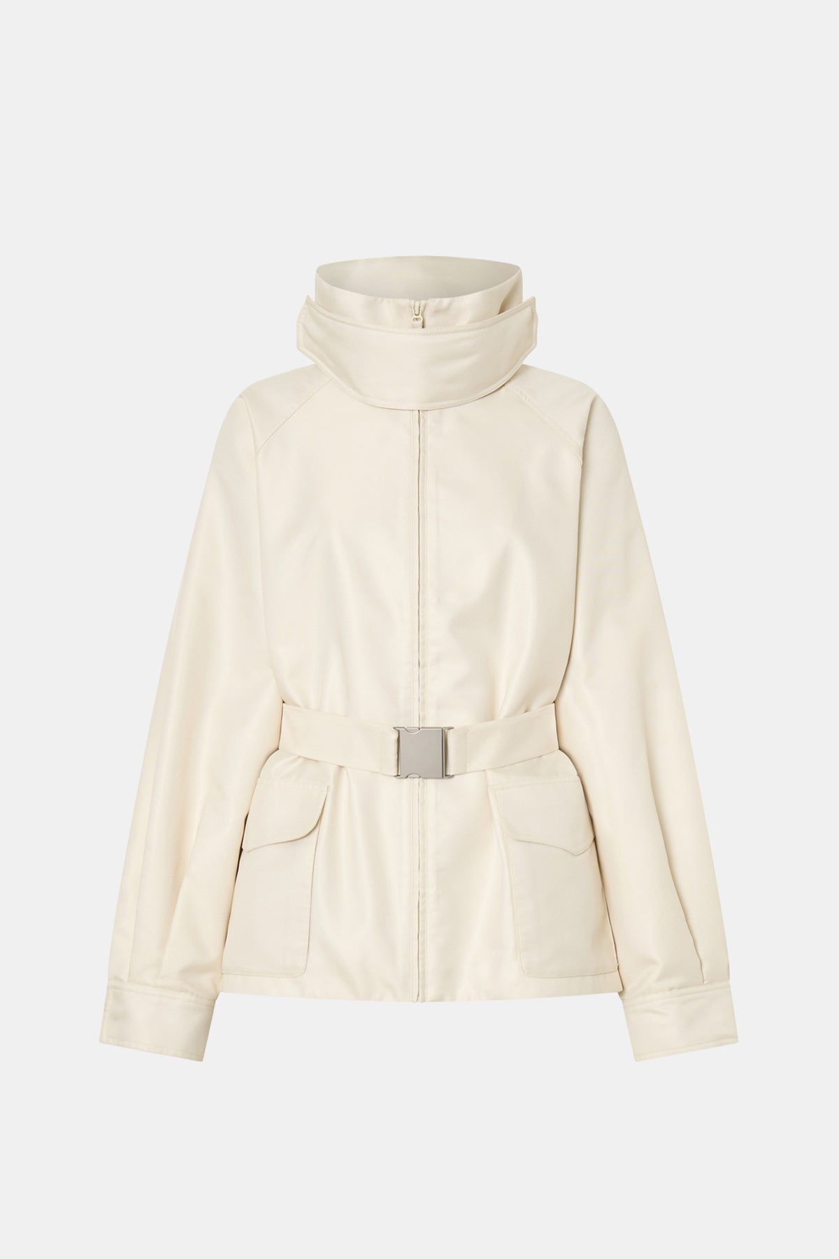 Ghost view CAMILLA AND MARC Drea funnel neck puffer jacket in cream with utility waistbelt and detachable throat latch.