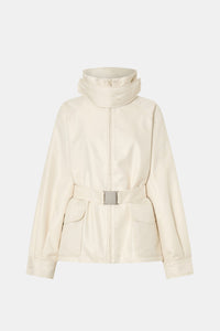 Ghost view CAMILLA AND MARC Drea funnel neck puffer jacket in cream with utility waistbelt and detachable throat latch.