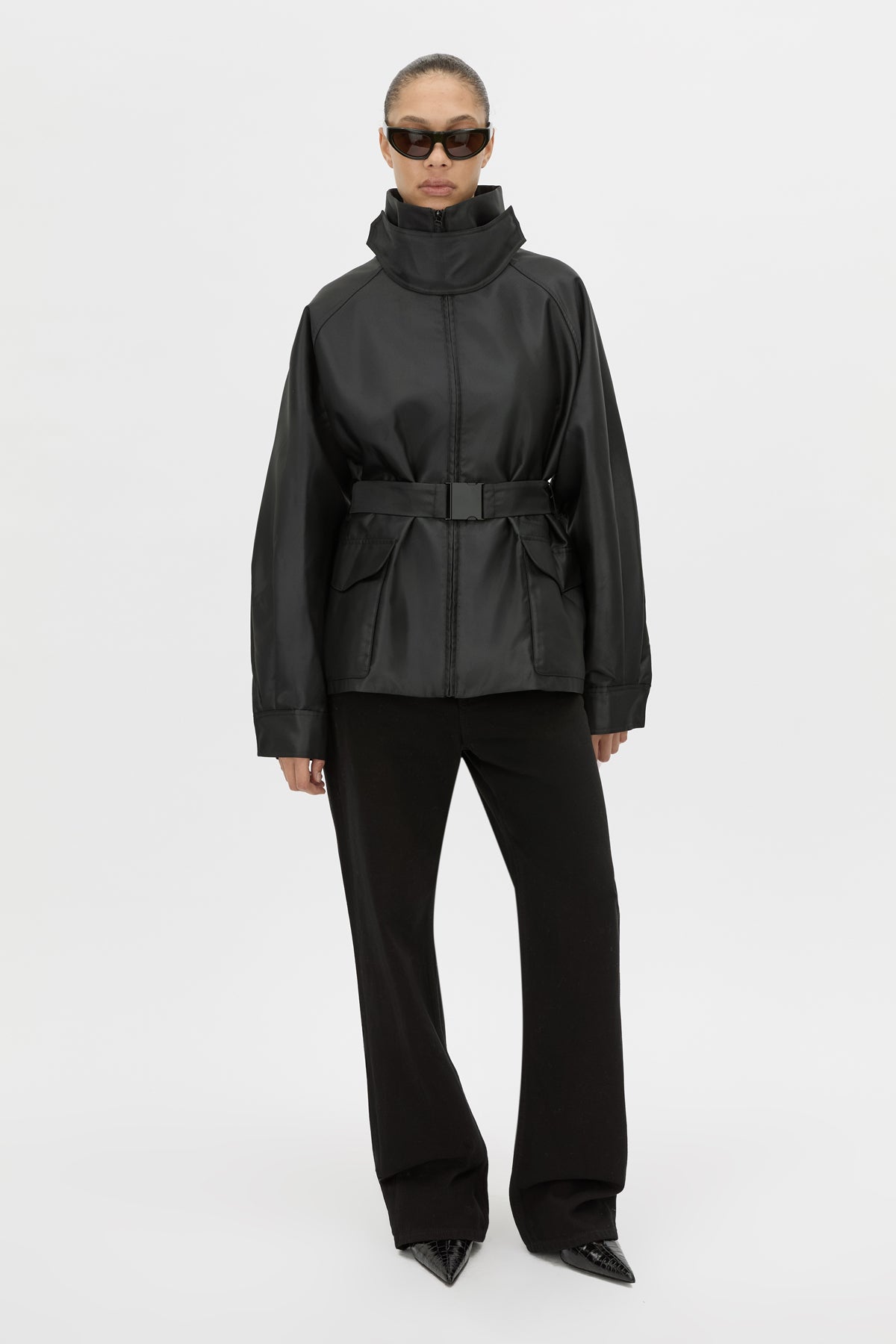 Front View - CAMILLA AND MARC Drea funnel neck puffer jacket in black. 
