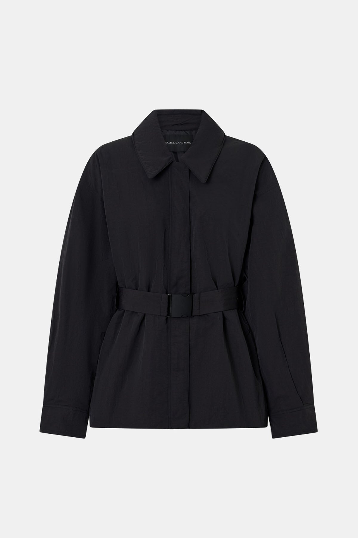 Ghost View - CAMILLA AND MARC Manon Padded Belted Jacket in black with hammered textured fabrication. 