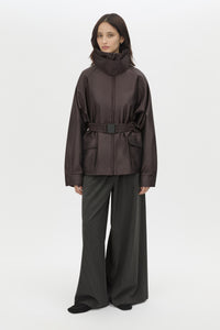 Front view CAMILLA AND MARC Drea Puffer Jacket in Espresso Brown with funnel neck and padded puffer silhouette.