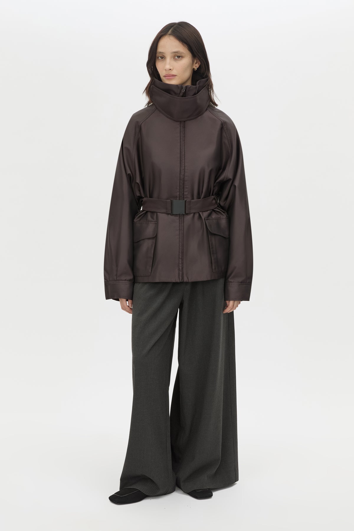 Front view CAMILLA AND MARC Drea Puffer Jacket in Espresso Brown with funnel neck and padded puffer silhouette.