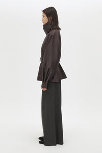 Side view CAMILLA AND MARC Drea Puffer Jacket in Espresso Brown with funnel neck and padded puffer silhouette.
