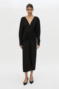 Front view CAMILLA AND MARC Dune Draped Waist Midi Dress in Black with gathered waist detailing.