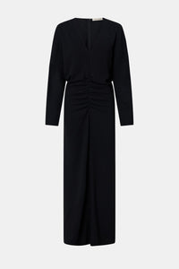Ghost view CAMILLA AND MARC Dune Draped Waist Midi Dress in Black with gathered waist detailing.