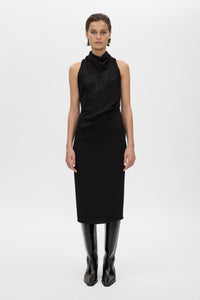 Front View - CAMILLA AND MARC Dune Fringe Detail Midi Dress in black high neckline.