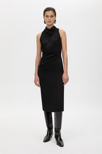 Front View - CAMILLA AND MARC Dune Fringe Detail Midi Dress in black with fringe scarf. 