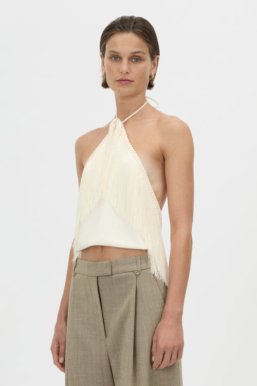 Cropped view CAMILLA AND MARC Dune Scarf Top in cream with fringe hem.