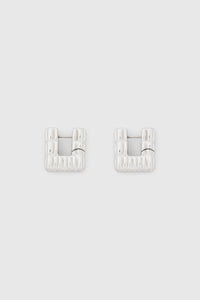Ghost view CAMILLA AND MARC Eagan Huggies in silver with square huggie design and ruched texture.