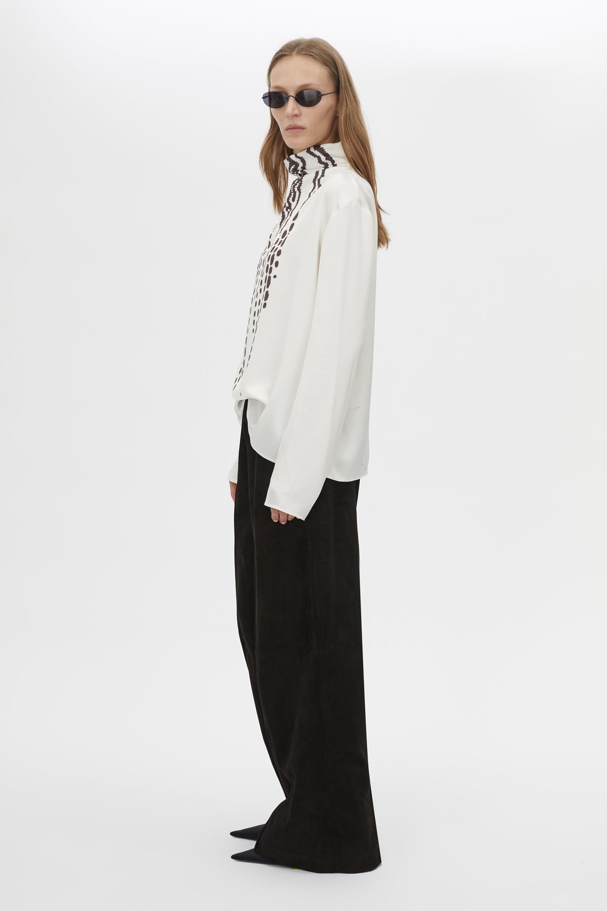 Side view CAMILLA AND MARC Edison Top in Edison Print with bespoke print and full long sleeves.