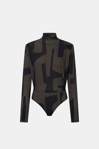 Ghost View - CAMILLA AND MARC Eidra Printed Long Sleeve Bodysuit in khaki green with high neckline. 