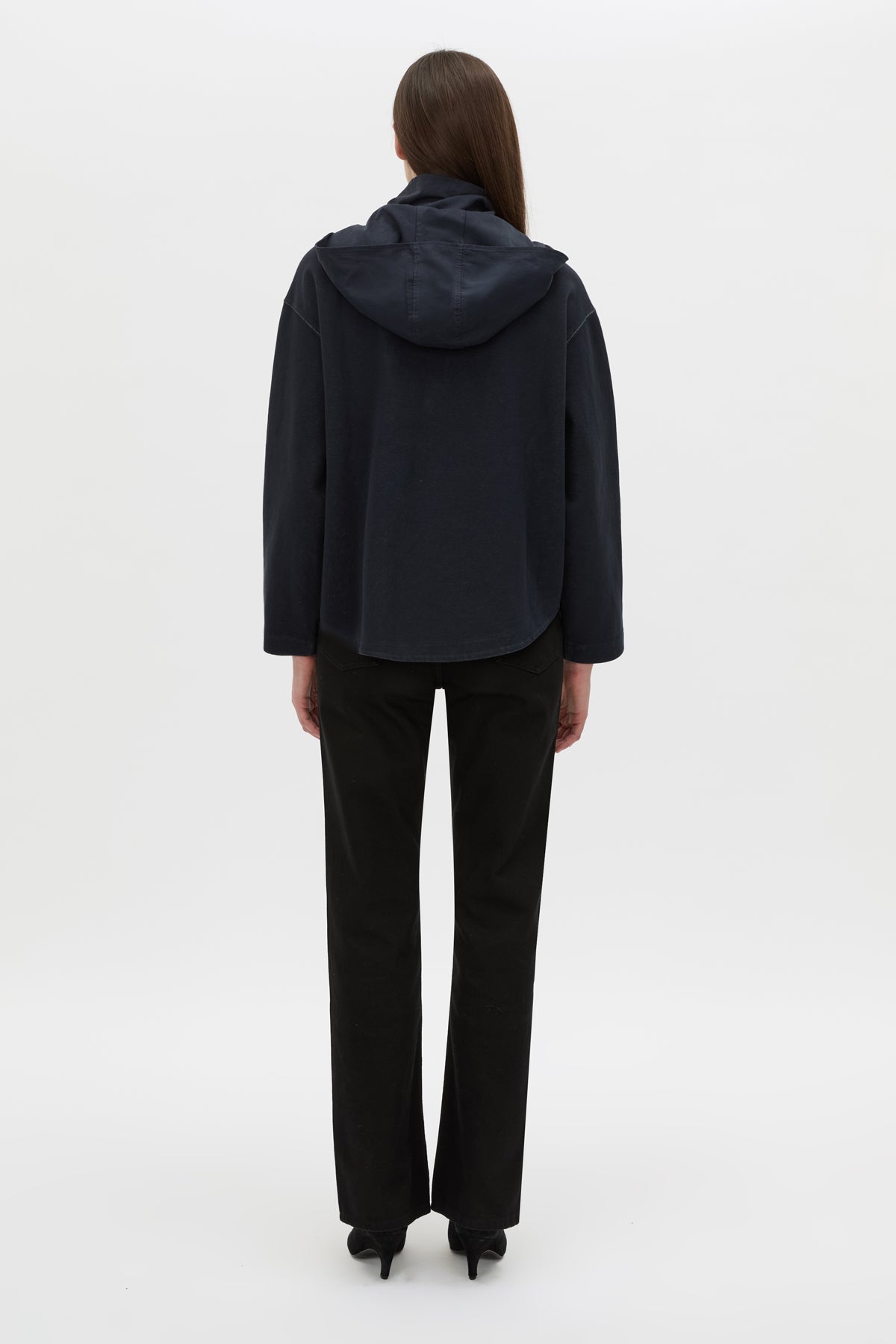 Back view CAMILLA AND MARC Eira hooded pullover in navy.