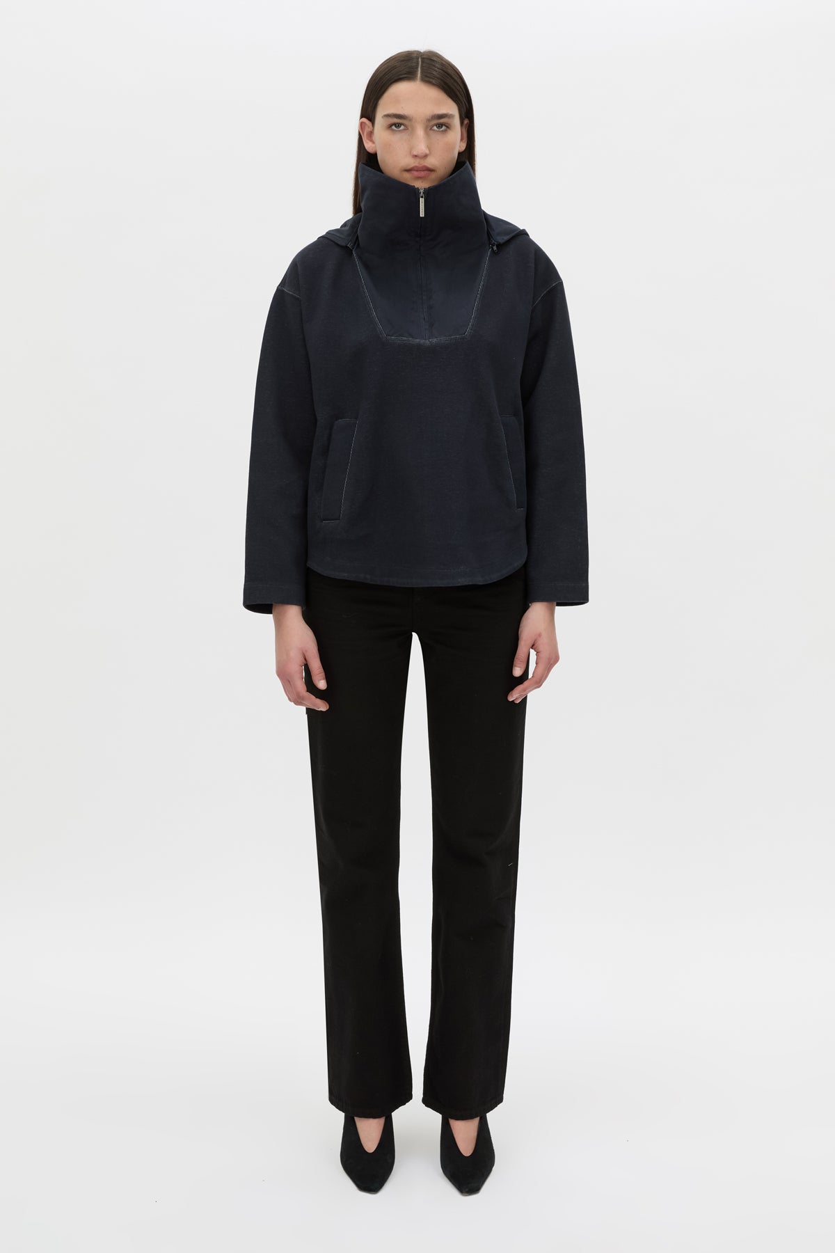 Front view CAMILLA AND MARC Eira hooded pullover in navy.