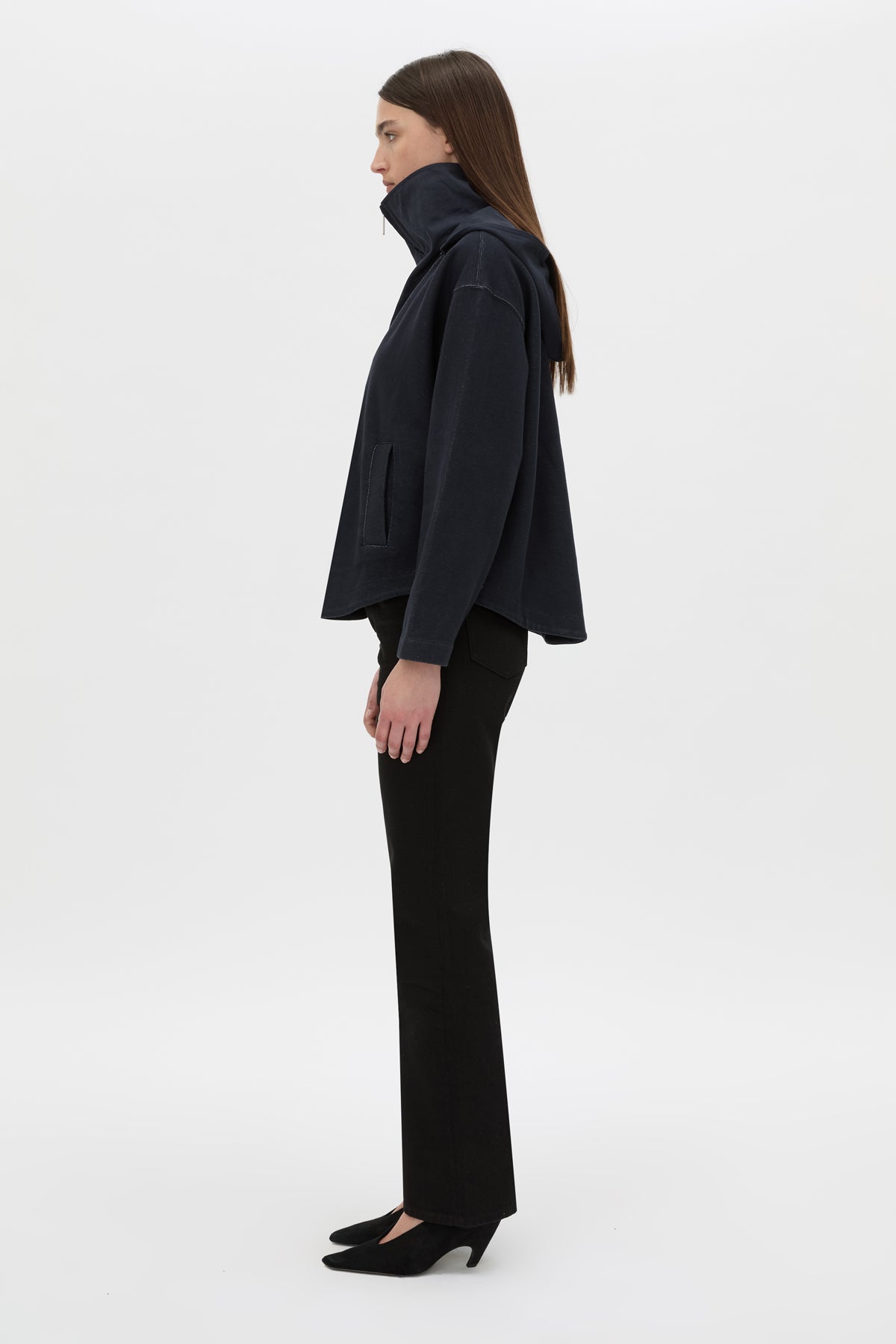 Side view CAMILLA AND MARC Eira hooded pullover in navy.