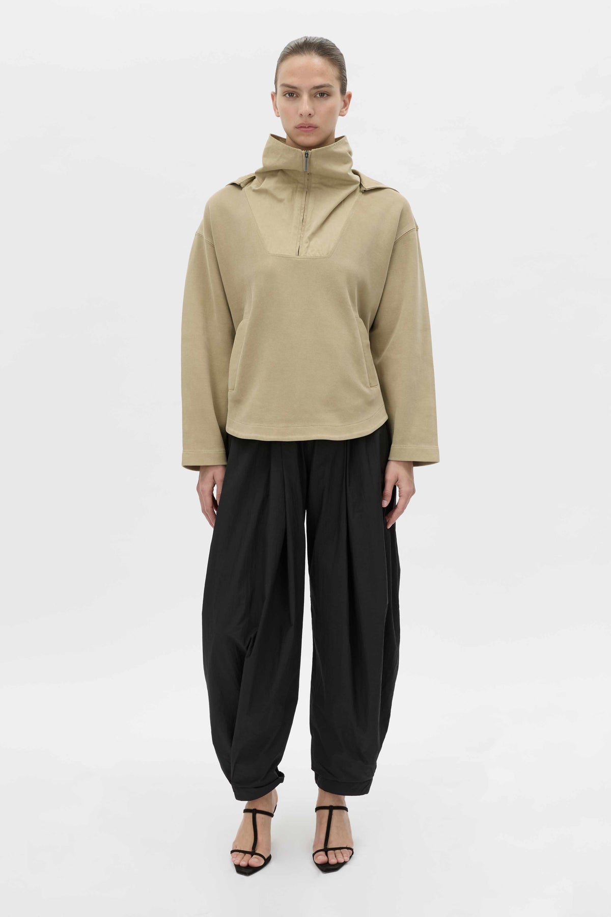 Front-styled view CAMILLA AND MARC Eira hooded pullover in oyster.