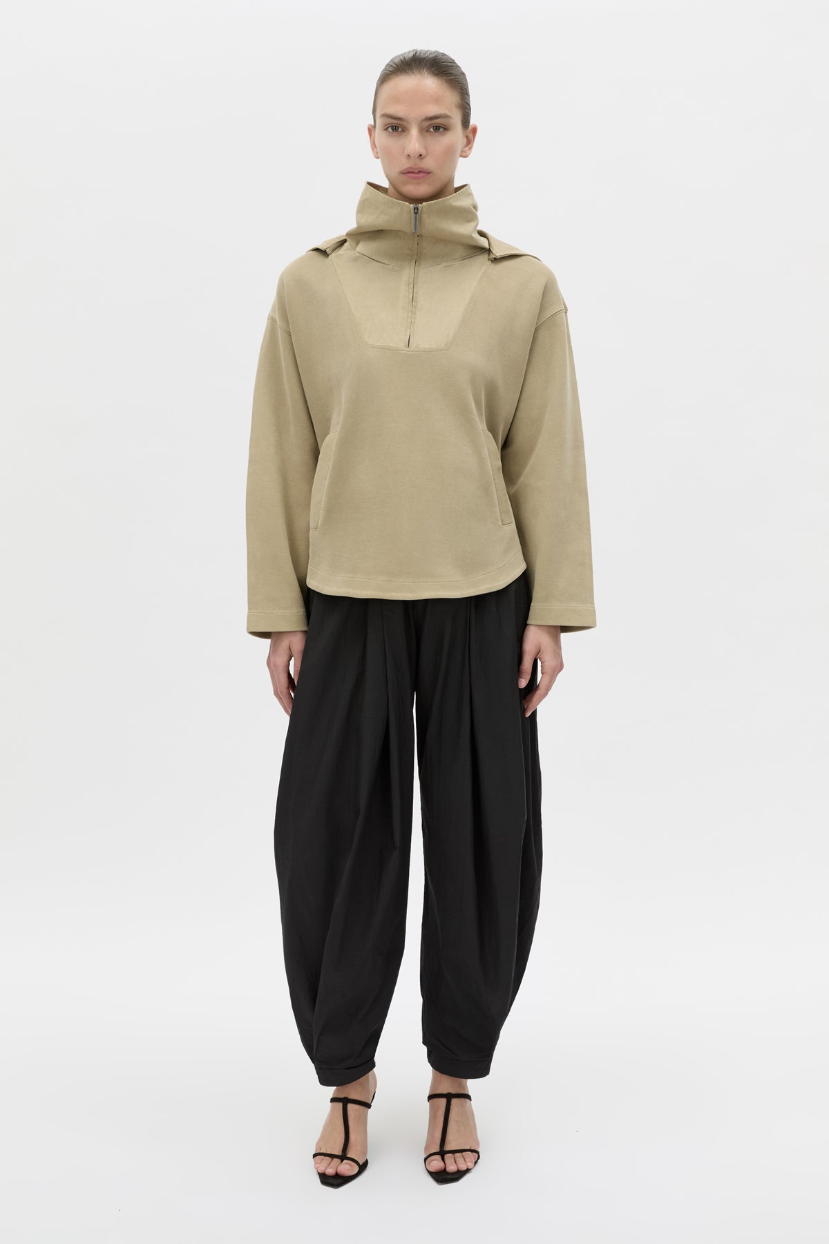 Front-styled view CAMILLA AND MARC Eira hooded pullover in oyster.