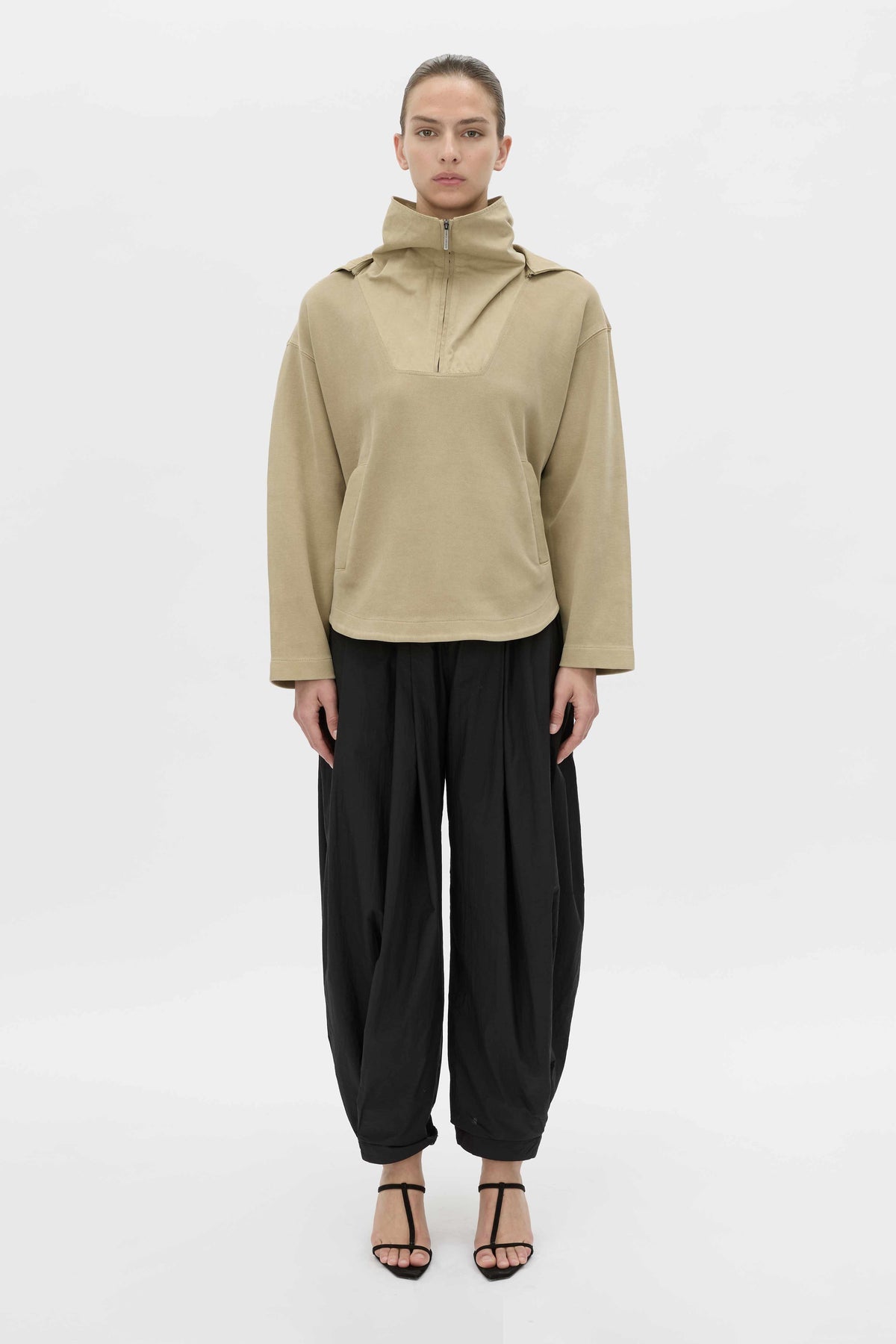 Front-styled view CAMILLA AND MARC Eira hooded pullover in oyster.