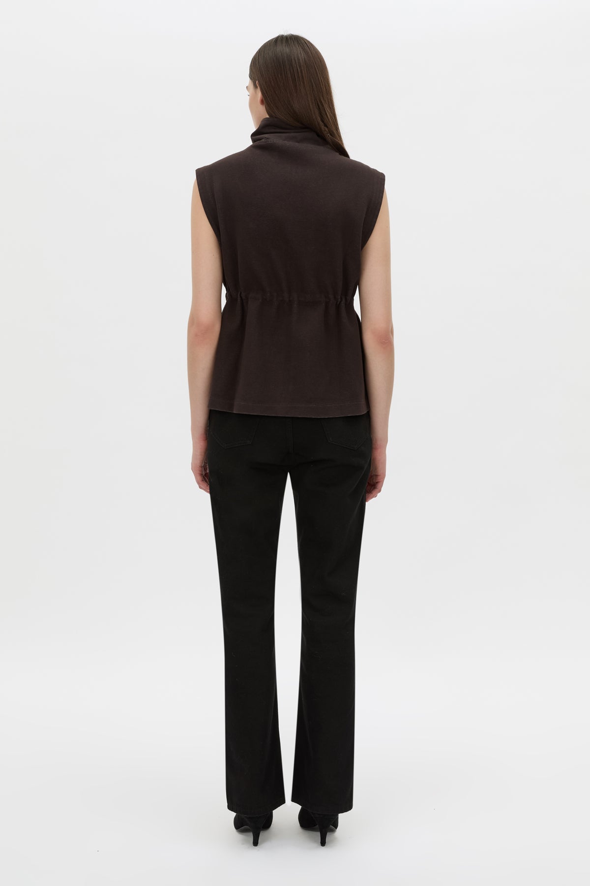 Back view CAMILLA AND MARC Eira sleeveless vest in hickory.