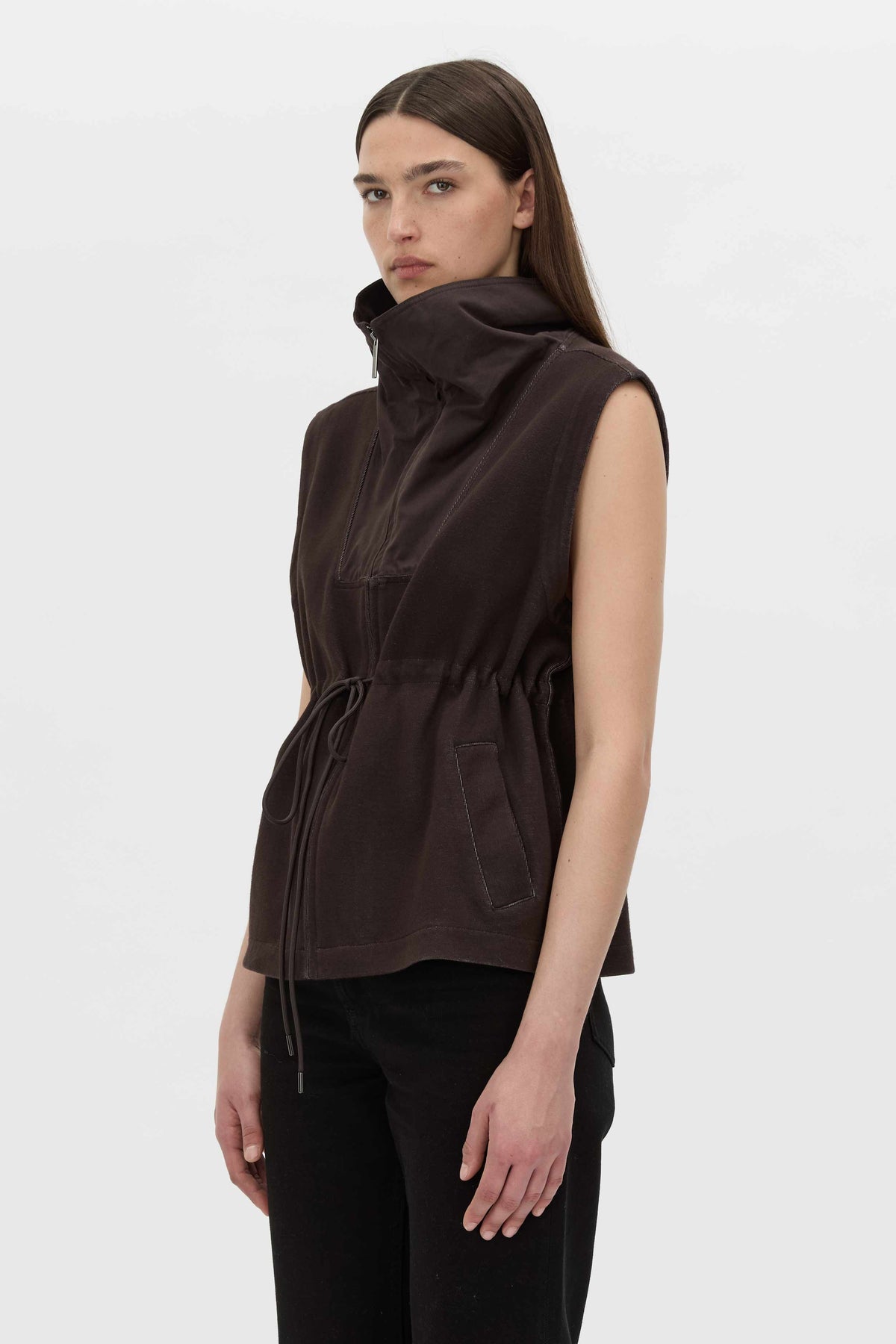 Cropped view CAMILLA AND MARC Eira sleeveless vest in hickory.