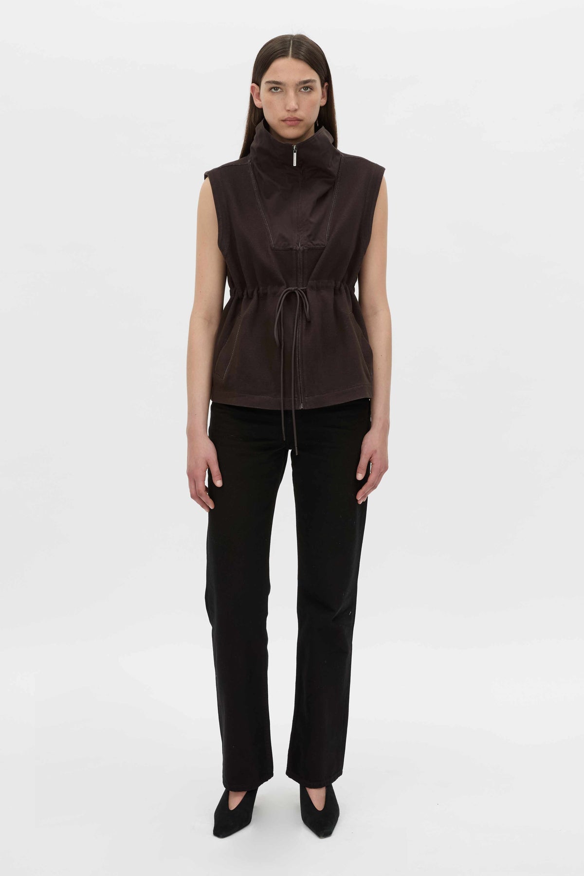 Front-styled view CAMILLA AND MARC Eira sleeveless vest in hickory.
