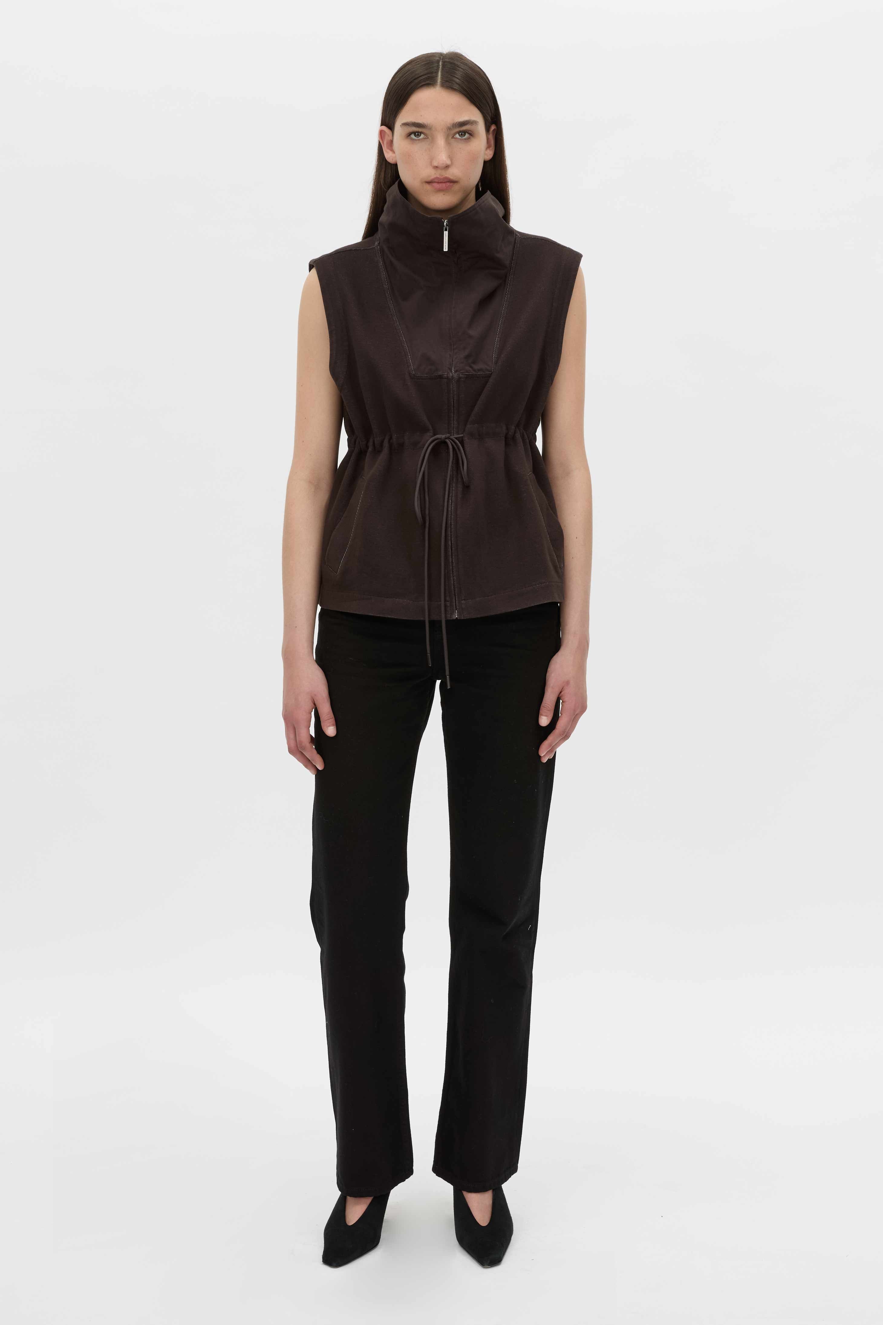 Front-styled view CAMILLA AND MARC Eira sleeveless vest in hickory.