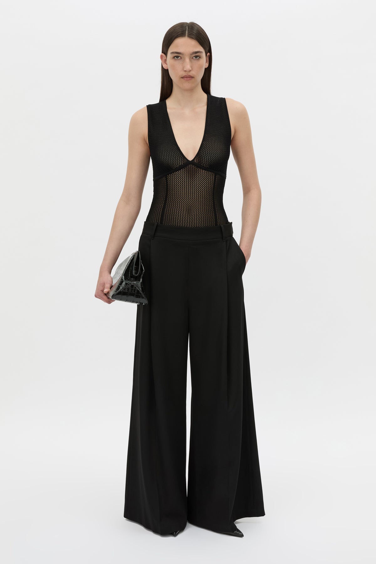 Front view CAMILLA AND MARC Elandra textured bodysuit in black.