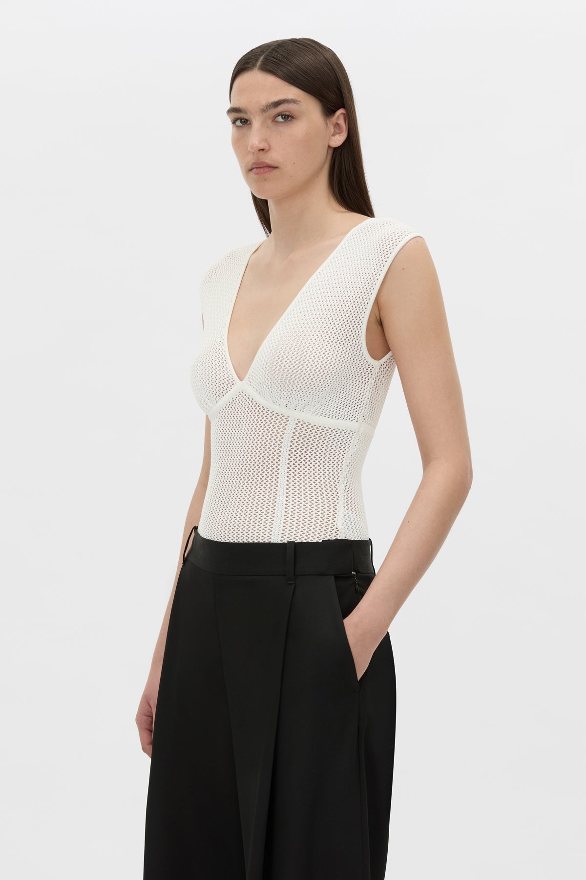 Cropped view CAMILLA AND MARC Elandra textured bodysuit in ivory.