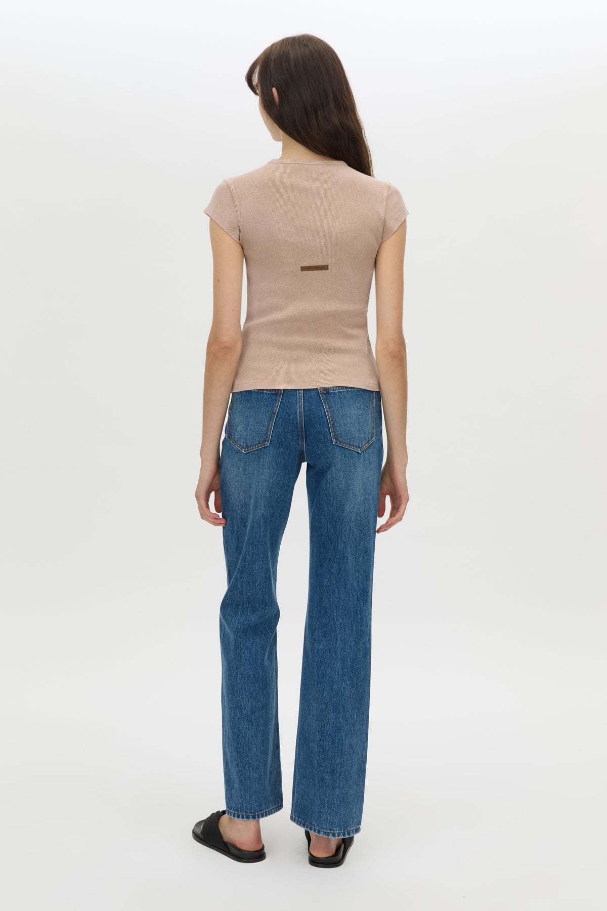 Back angle CAMILLA AND MARC Elara rib logo tee in rosewood.