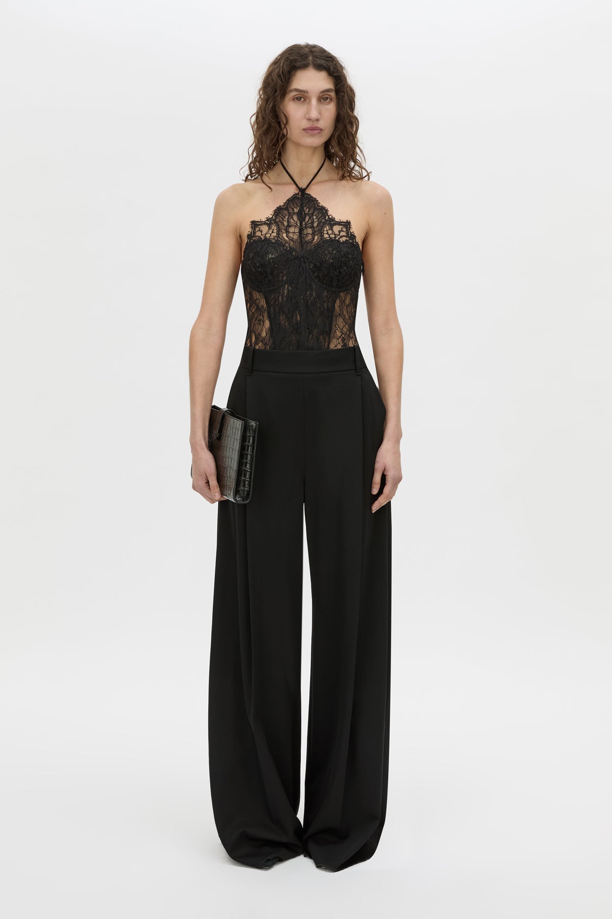 Front view CAMILLA AND MARC Elaris lace bodysuit in black.
