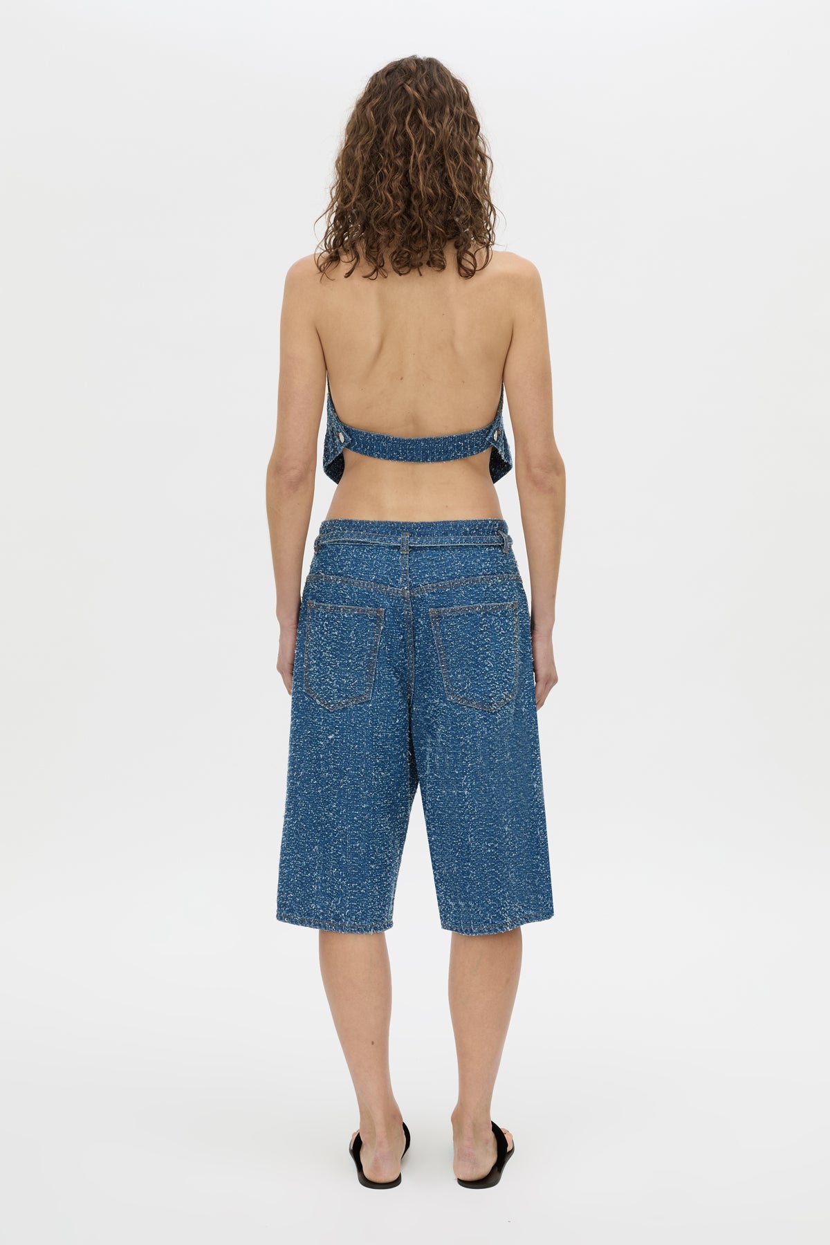 Back view CAMILLA AND MARC Eleni halter neck top in blue neps denim.