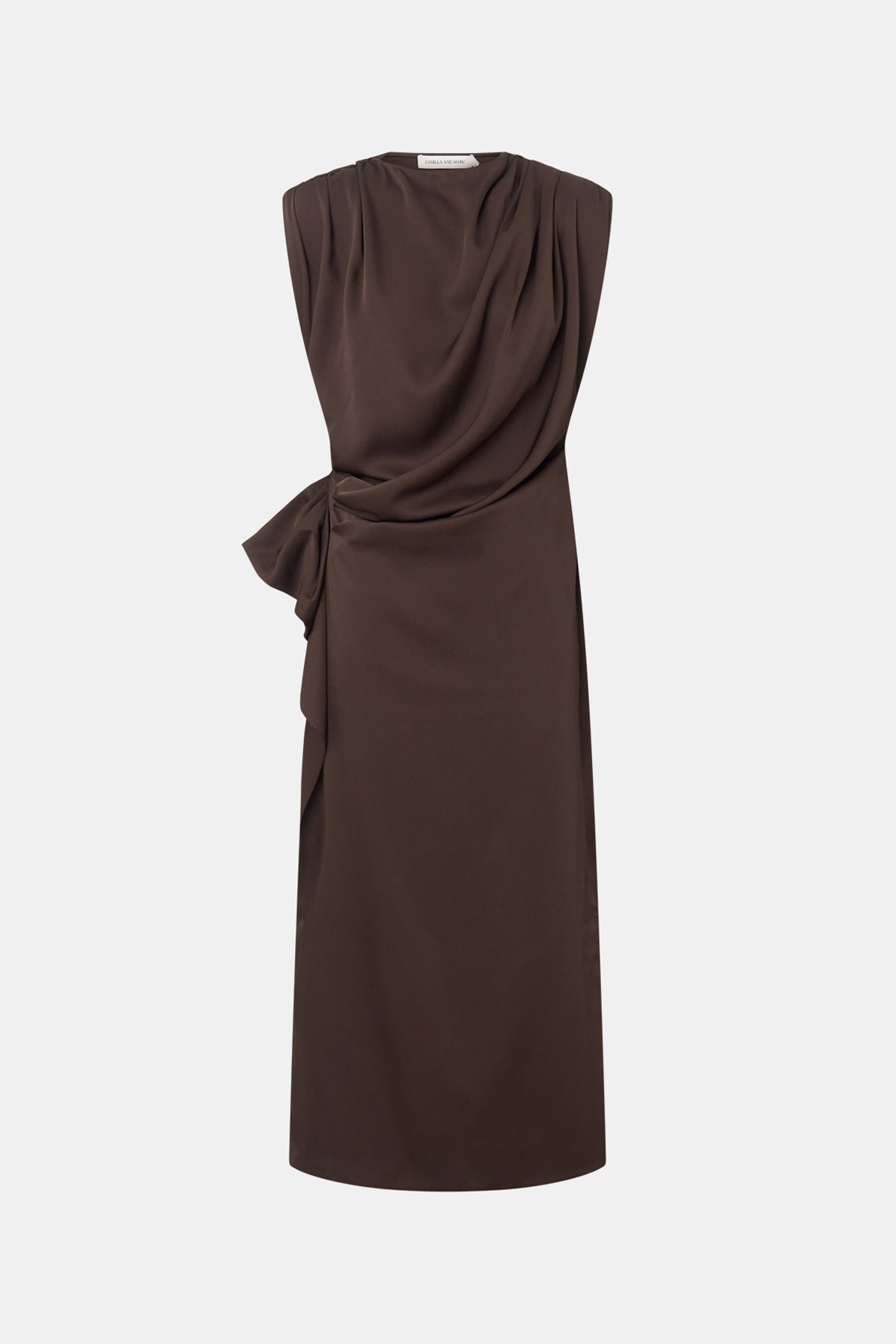 Ghost view CAMILLA AND MARC Elowyn Midi Dress in Espresso Brown with draped detailing.