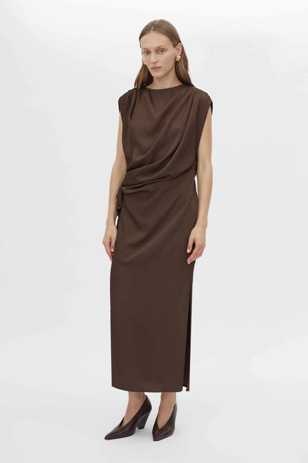 Front view CAMILLA AND MARC Elowyn Midi Dress in Espresso Brown with draped detailing.