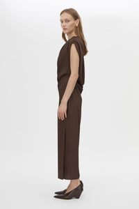 Side view CAMILLA AND MARC Elowyn Midi Dress in Espresso Brown with draped detailing.