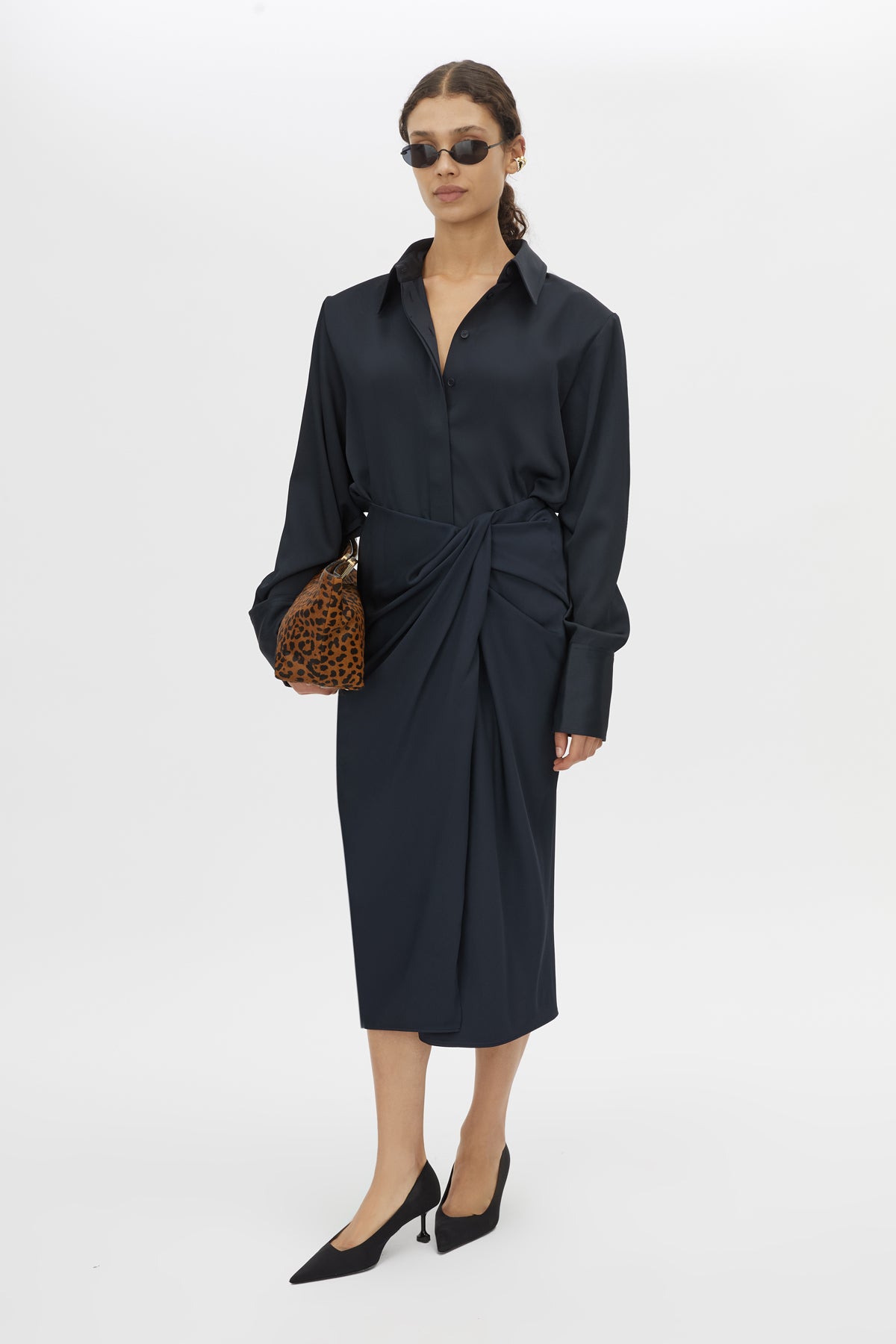 Front View - CAMILLA AND MARC Elowyn boxy fit shirt in French navy with removable shoulder pads.