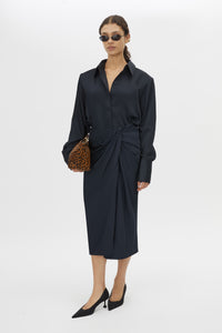 Front View - CAMILLA AND MARC Elowyn boxy fit shirt in French navy with removable shoulder pads.