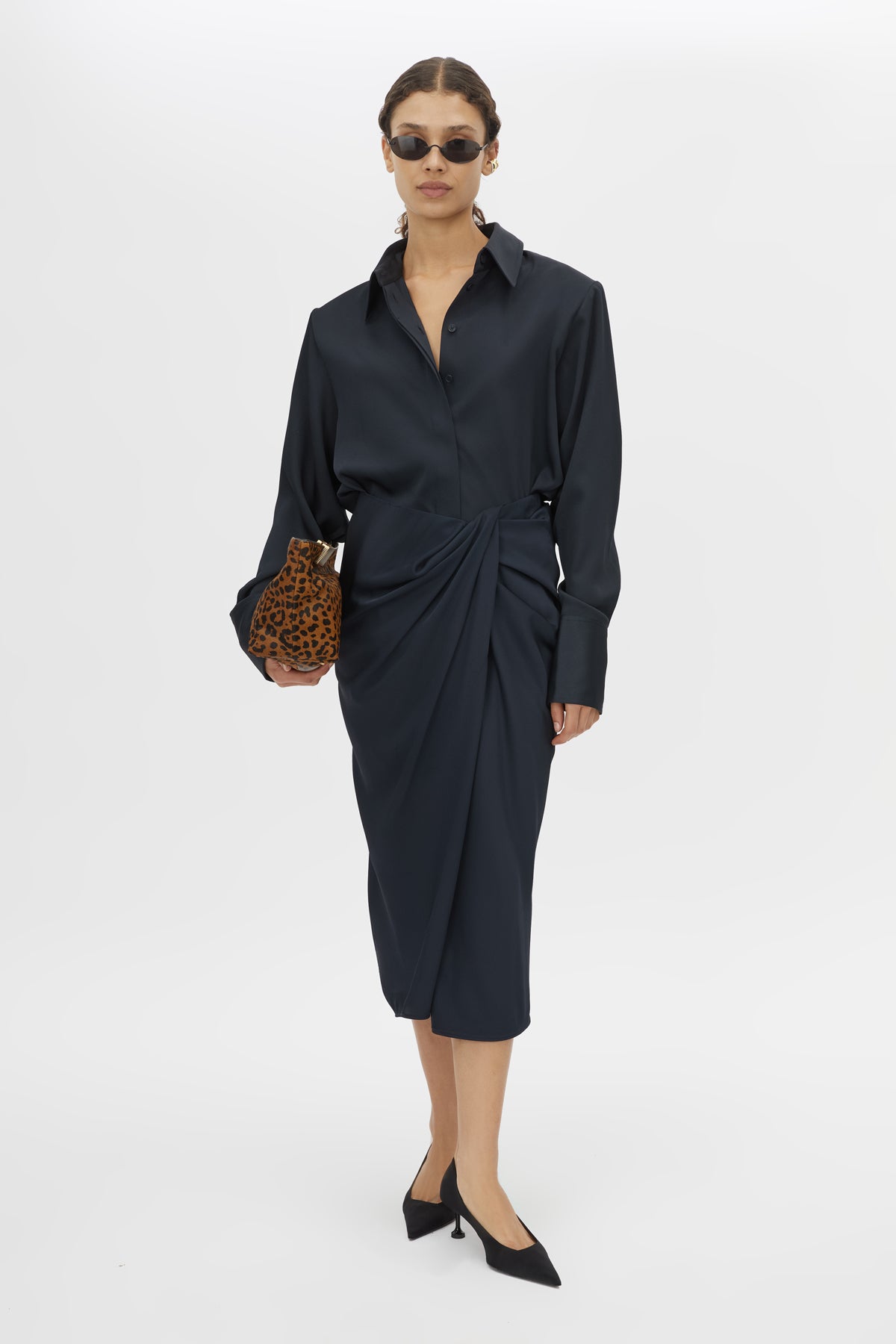 Front view CAMILLA AND MARC Elowyn Wrapped Midi Skirt in French Navy with front draped detailing.