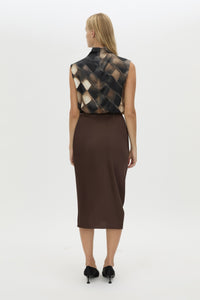 Back view CAMILLA AND MARC Elowyn Wrapped Midi Skirt in Espresso Brown with front draped detailing.
